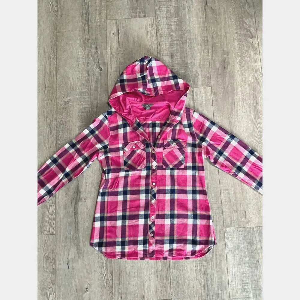 Eddie Bauer Women’s M Pink Plaid Hooded Flannel Shirt Outdoors/Hiking/Camping